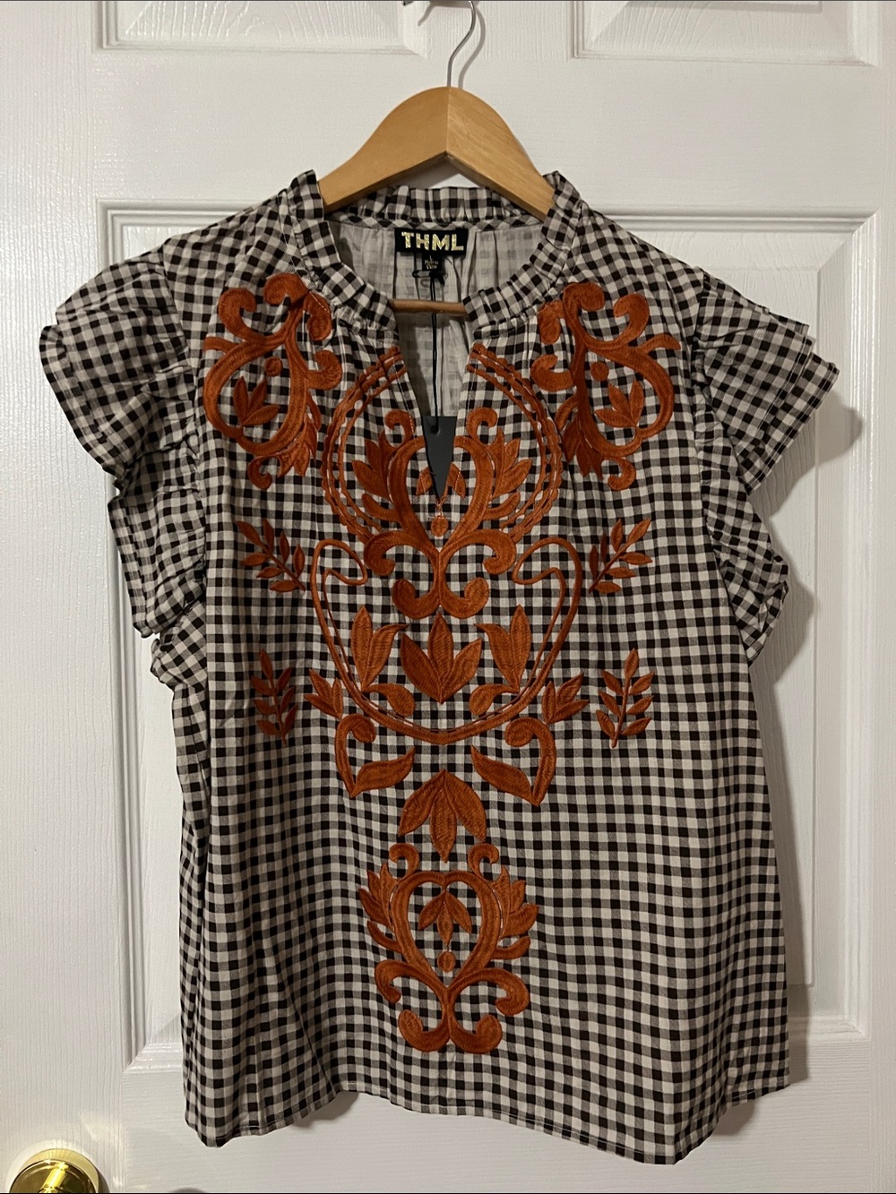 NWT THML Blouse Top Shirt Shirt Large Brown & Orange Check Design